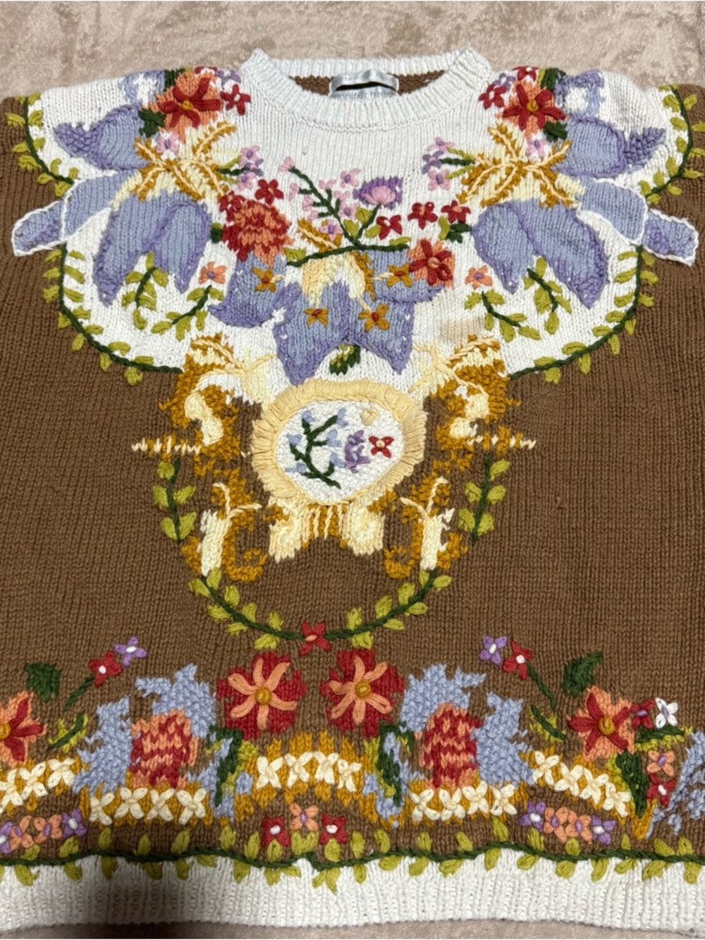 Floral Embroidered Brown Knit Sweater - Women's